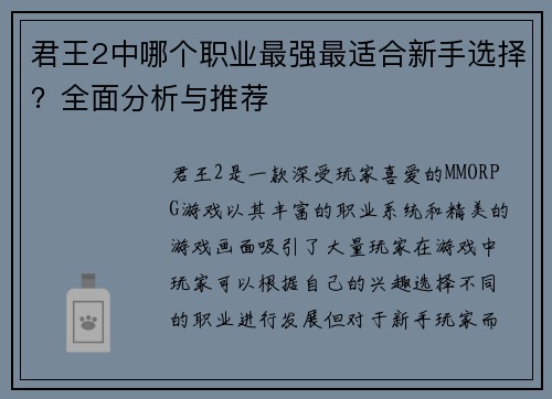君王2中哪个职业最强最适合新手选择？全面分析与推荐